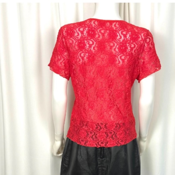 Vintage 2000’s Floral Sheer Lace Scoop V-Neck Short Sleeved Tee Shirt in Red - M - Picture 8 of 9